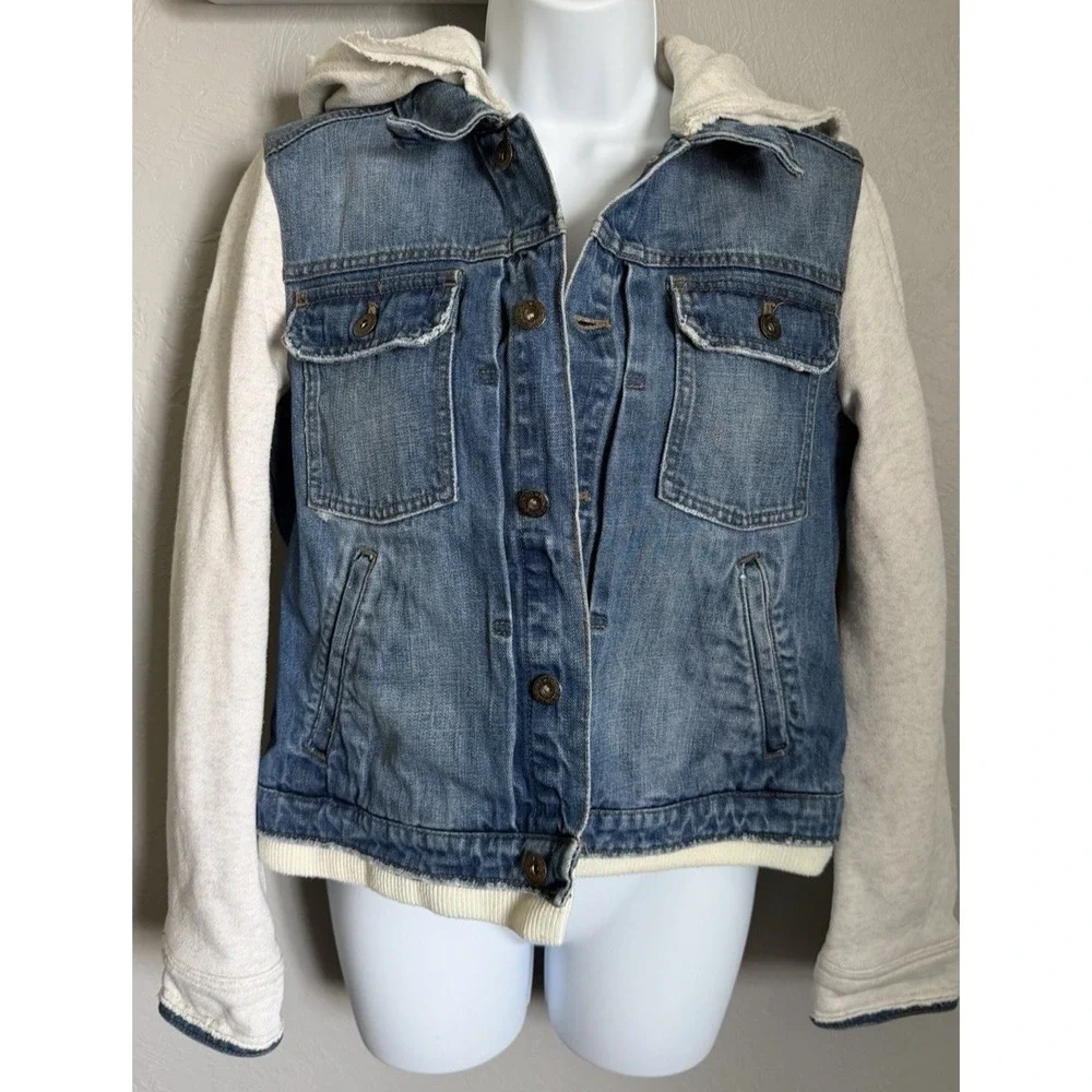 Free People Jacket Womens Size Large Blue Denim Knit Hooded Layered Jean Boho - Picture 2 of 12